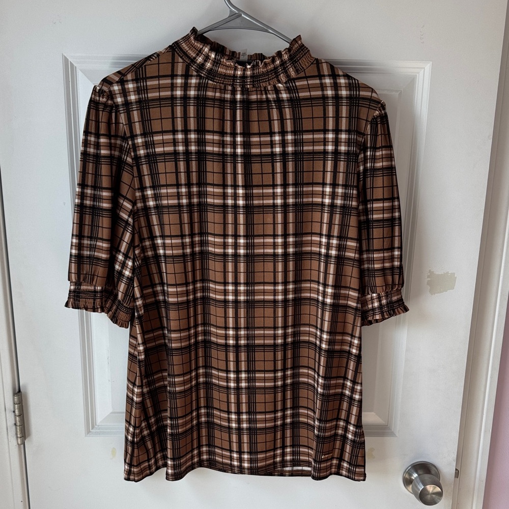 Anne Klein Plaid Ruffle Neck Blouse - Brown and Black